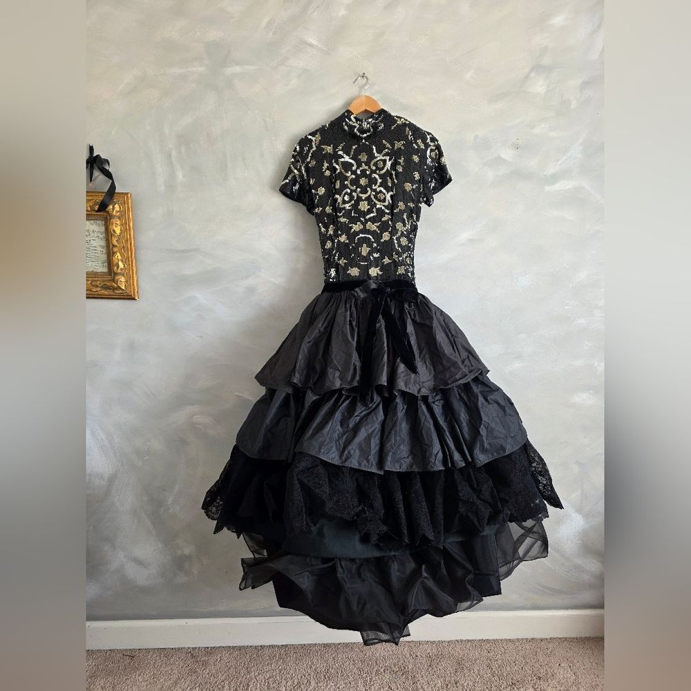 Valentino 1980s Sequined Black and Gold Tiered Taffeta and Lace Dress Rare XS